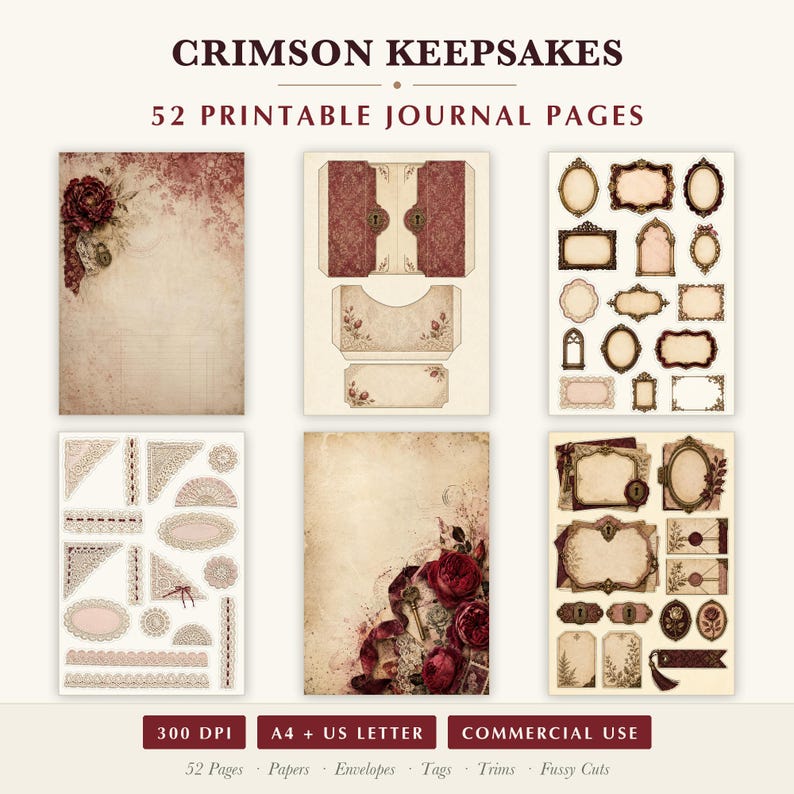 K&ouml;nnte beinhalten: Eine Sammlung von 52 druckbaren Tagebuchseiten mit dem Titel CRIMSON KEEPSAKES, bestehend aus Papieren, Umschl&auml;gen, dekorativen Rahmen, Spitzenborten und Anh&auml;ngern in Dunkelrot, Creme und Braun mit Blumen- und Schl&uuml;sselmotiven.