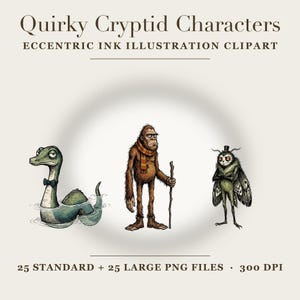 Pode incluir: Ilustra&ccedil;&otilde;es a tinta de tr&ecirc;s personagens cr&iacute;ptidos: uma criatura aqu&aacute;tica verde com la&ccedil;o, uma figura b&iacute;pede castanha peluda com um cachecol &agrave;s riscas e um cajado, e uma criatura tipo tra&ccedil;a que usa uma pequena cartola preta.