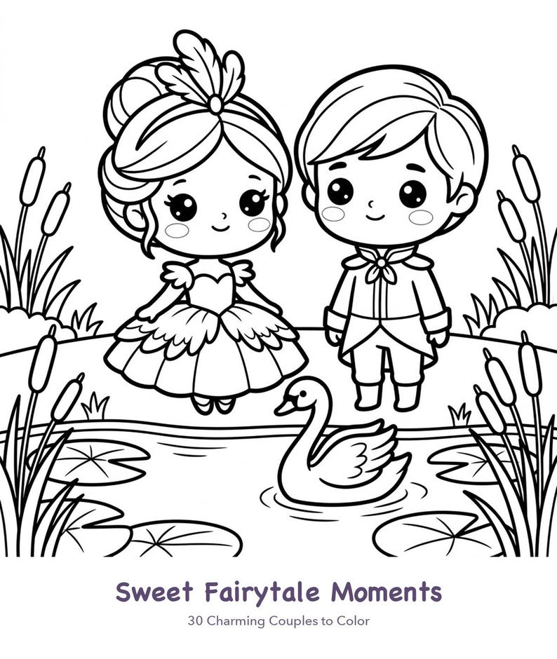 Op de afbeelding: Een zwart-wit kleurplaat met een cartoonprinses en prins die bij een vijver staan met een zwaan, waterlelies en lisdodden. De tekst onderaan luidt Sweet Fairytale Moments 30 Charming Couples to Color in een eenvoudig lettertype.