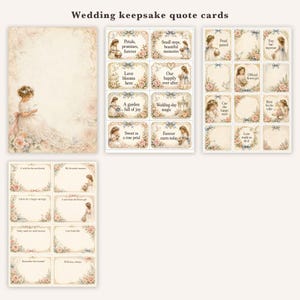 May include: A collection of wedding keepsake quote cards featuring illustrations of a young girl in a dress, floral accents, and blue bows. The cards include text such as Petals, promises, forever, Small steps, beautiful memories, and Love blooms here.