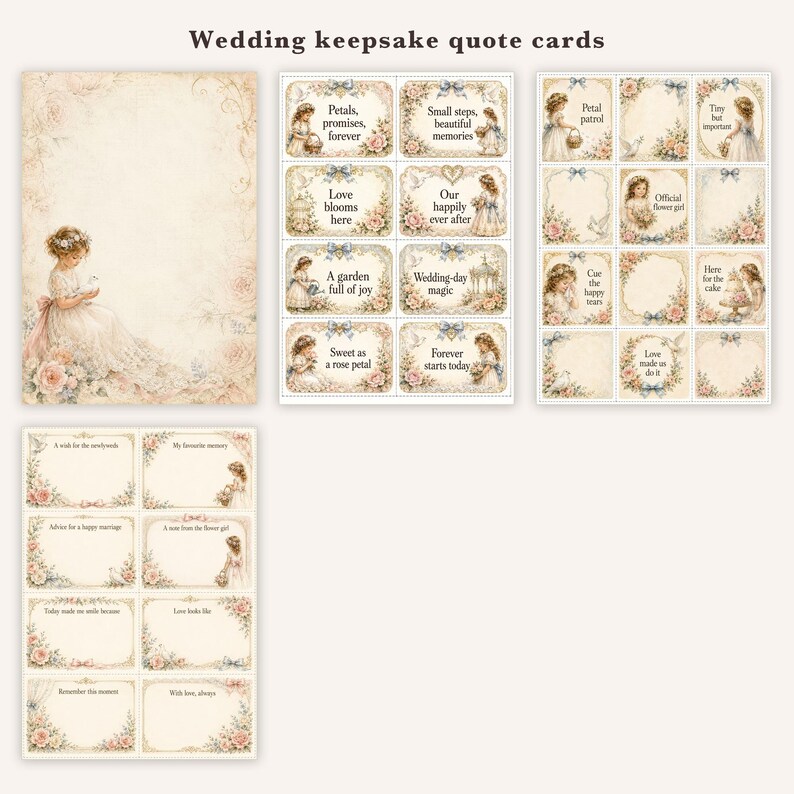 May include: A collection of wedding keepsake quote cards featuring illustrations of a young girl in a dress, floral accents, and blue bows. The cards include text such as Petals, promises, forever, Small steps, beautiful memories, and Love blooms here.
