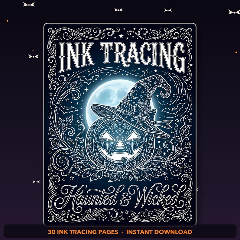 Pode incluir: Uma impress&atilde;o de arte digital retangular com linhas brancas sobre um fundo escuro. O texto diz INK TRACING e Haunted & Wicked. Uma ab&oacute;bora central com um chap&eacute;u de bruxa &eacute; cercada por volutas florais, morcegos e uma lua cheia.
