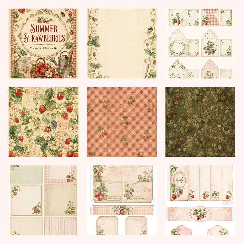 Sommarjordgubbar skräpjournal, 51 utskrivbara sidor vintage bondgårdsbärs-ephemera, gingham stugträdgård, direktnedladdning bild 3
