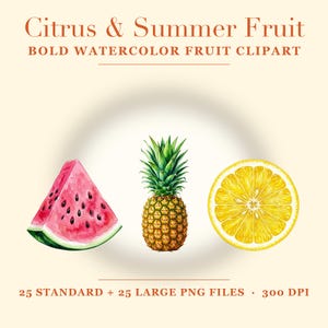 K&ouml;nnte beinhalten: Eine digitale Sammlung mit dem Titel Citrus & Summer Fruit Bold Watercolor Fruit Clipart, bestehend aus einer Aquarell-Wassermelonenscheibe, einer ganzen Ananas und einer Zitronenscheibe. Der Text 25 Standard + 25 Large PNG Files 300 DPI ist unten.