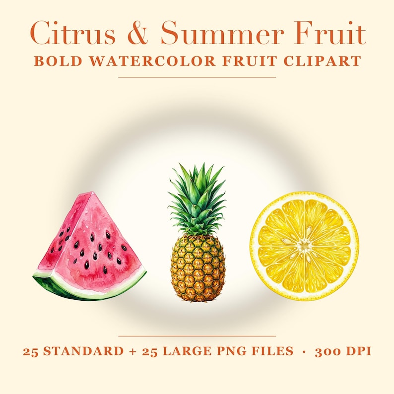 K&ouml;nnte beinhalten: Eine digitale Sammlung mit dem Titel Citrus & Summer Fruit Bold Watercolor Fruit Clipart, bestehend aus einer Aquarell-Wassermelonenscheibe, einer ganzen Ananas und einer Zitronenscheibe. Der Text 25 Standard + 25 Large PNG Files 300 DPI ist unten.
