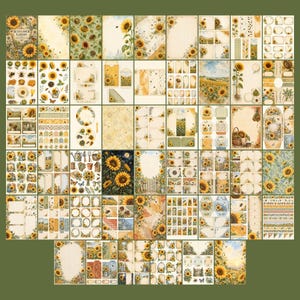 May include: A collection of decorative paper sheets featuring sunflower illustrations, garden motifs, and vintage-style patterns. The set includes various stationery elements like tags, envelopes, and borders in shades of yellow, green, and cream.
