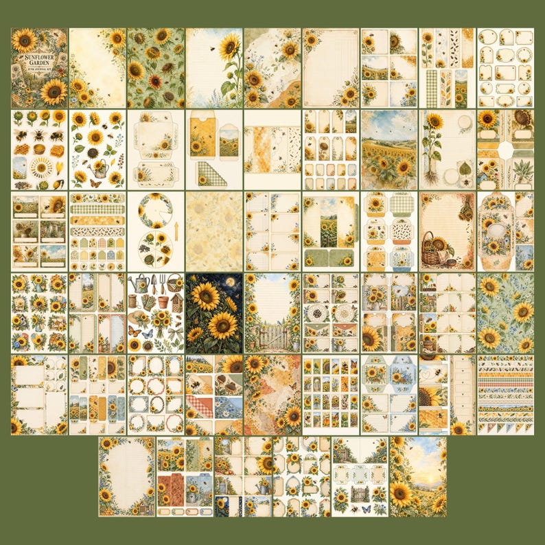 May include: A collection of decorative paper sheets featuring sunflower illustrations, garden motifs, and vintage-style patterns. The set includes various stationery elements like tags, envelopes, and borders in shades of yellow, green, and cream.
