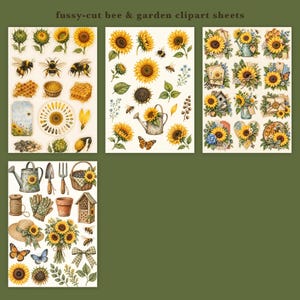 May include: Four sheets of fussy-cut bee and garden clipart featuring sunflowers, bees, butterflies, watering cans, gardening tools, and honeycomb patterns. The illustrations are rendered in yellow, green, and brown tones on a cream background.
