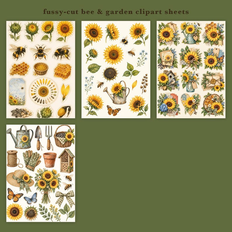 May include: Four sheets of fussy-cut bee and garden clipart featuring sunflowers, bees, butterflies, watering cans, gardening tools, and honeycomb patterns. The illustrations are rendered in yellow, green, and brown tones on a cream background.