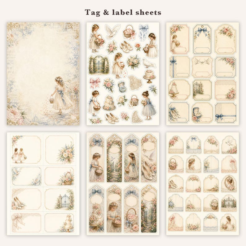 May include: Six sheets of decorative paper featuring vintage-style illustrations of children, floral arrangements, wedding cakes, doves, and gates. The collection includes various rectangular tags, labels, and bookmarks with soft pastel colors and cream backgrounds.