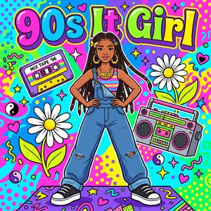 May include: A vibrant illustration featuring the text 90s It Girl, a person with braided hair wearing denim overalls and a striped top, a cassette tape labelled MIX TAPE '96, a boombox, and daisy flowers against a colourful, patterned background.