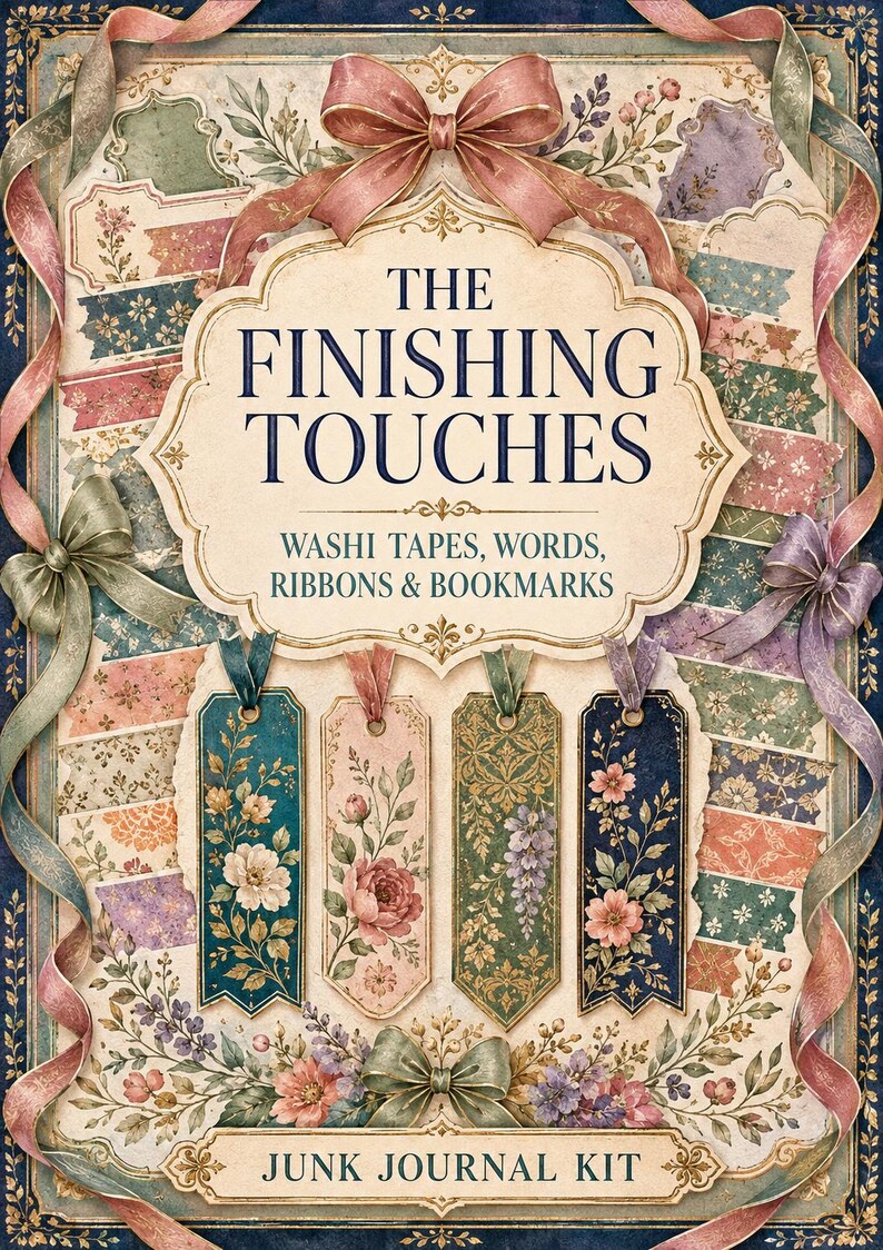 May include: A junk journal kit titled The Finishing Touches Washi Tapes, Words, Ribbons & Bookmarks. The design features four floral bookmarks, decorative ribbons, and various patterned washi tape strips arranged on a cream background.