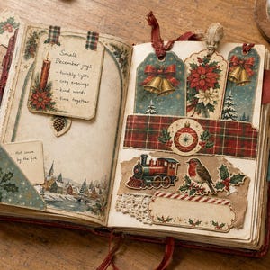 May include: An open scrapbook featuring vintage-style Christmas ephemera. The left page displays a note titled Small December joys with a candle illustration. The right page contains decorative tags, a red plaid strip, a train, and a robin.