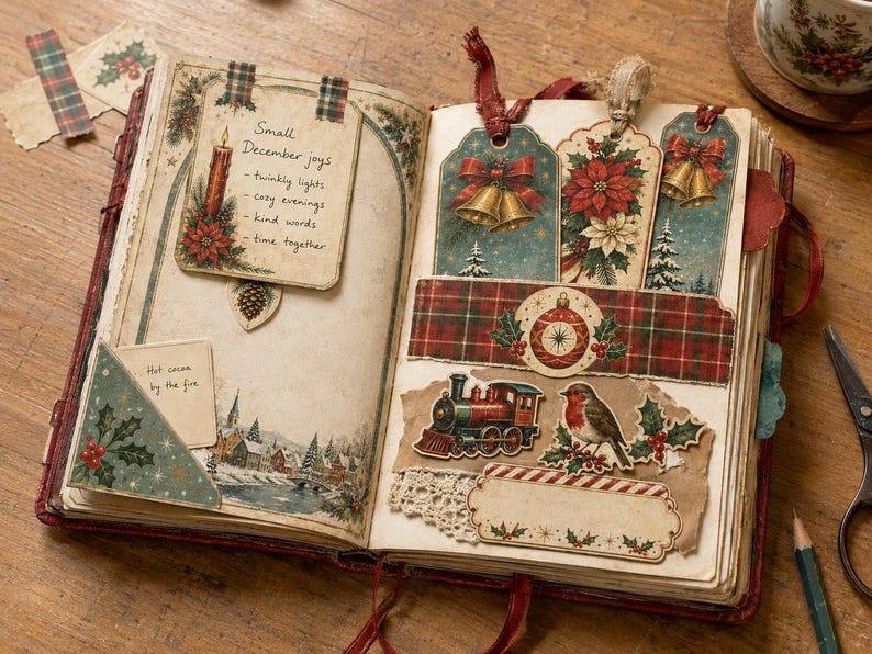 May include: An open scrapbook featuring vintage-style Christmas ephemera. The left page displays a note titled Small December joys with a candle illustration. The right page contains decorative tags, a red plaid strip, a train, and a robin.