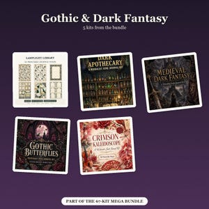 Puede incluir: Una colecci&oacute;n digital titulada Gothic & Dark Fantasy que incluye cinco kits de diarios basura imprimibles: Lamplight Library, Dark Apothecary, Medieval Dark Fantasy, Gothic Butterflies y Crimson Kaleidoscope, todos parte de un mega paquete de 67 kits.