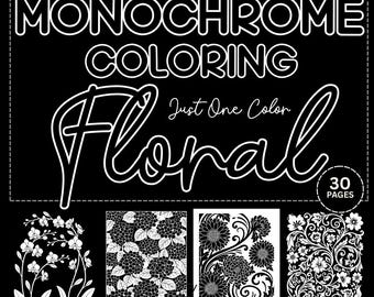 Libro para colorear monocromático / 44 páginas florales de un solo color / Imágenes sencillas y detalladas / Actividad para aliviar el estrés para niños, adolescentes y adultos