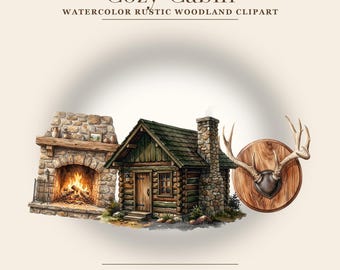Cozy Cabin Clipart Bundle | 25 Watercolor Rustic Woodland PNG | Log Cabin Fireplace Plaid Antler Clipart | Cabincore Home Decor