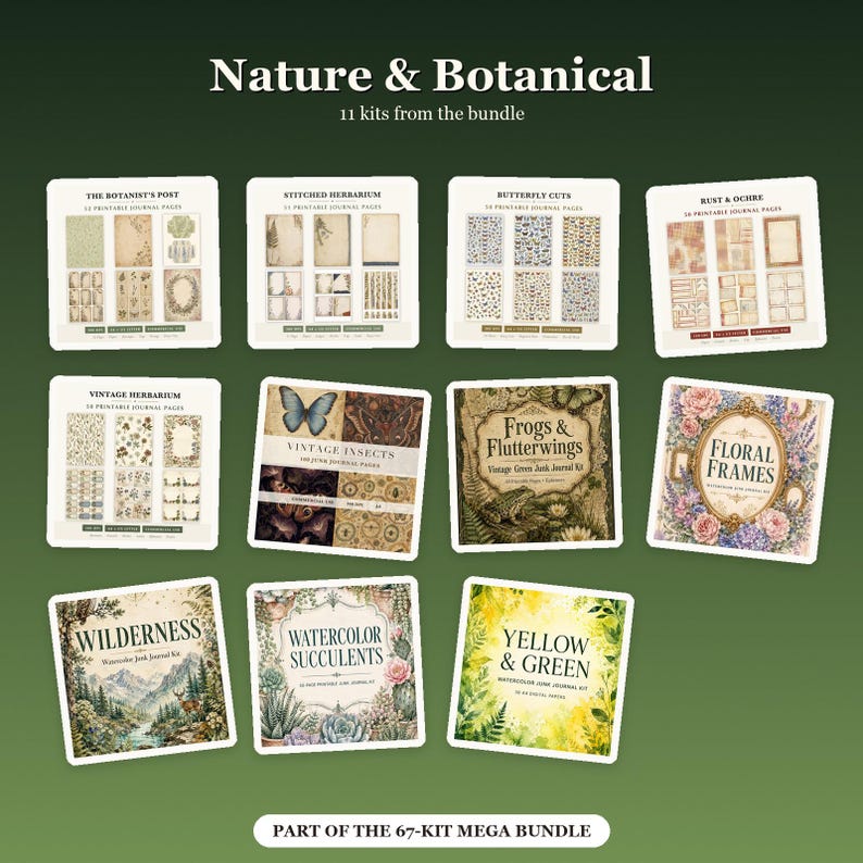 Puede incluir: Una colecci&oacute;n de once kits de diarios digitales Nature & Botanical con varios temas, incluyendo The Botanist's Post, Stitched Herbarium, Butterfly Cuts, Rust & Ochre, Vintage Herbarium, Vintage Insects, Frogs & Flutterwings, Floral Frames, Wilderness, Watercolor Succulents y Yellow & Green.