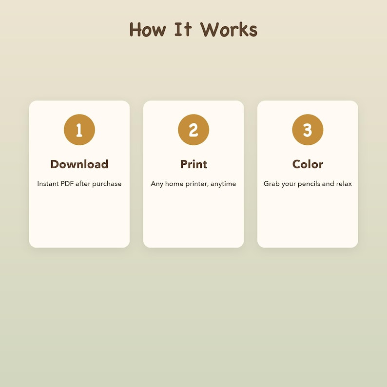 May include: An instructional graphic titled How It Works with three white rectangular panels. Each panel features a gold circle with a number, followed by the text Download, Print, or Color, and a brief description of the process.