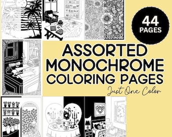 Libro para colorear monocromático variado / 44 páginas de un solo color / Imágenes sencillas y detalladas / Actividad para aliviar el estrés para niños, adolescentes y adultos
