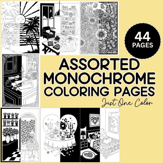 Assorted Monochrome Coloring Book | 44 One Color Pages | Simple and Detailed Images | Good Stress Relief Actvity for Kids, Teens and Adults