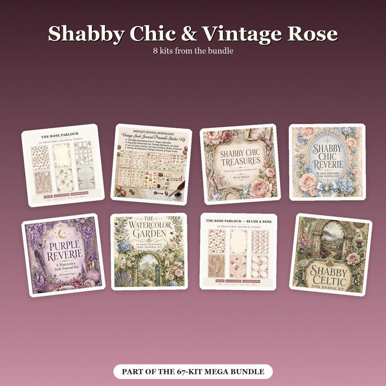 Puede incluir: Una colecci&oacute;n de ocho kits de diarios digitales titulados Shabby Chic & Vintage Rose, con dise&ntilde;os florales y vintage. Los kits incluyen The Rose Parlour, Shabby Chic Treasures, Shabby Chic Reverie, Purple Reverie, The Watercolor Garden y Shabby Celtic.