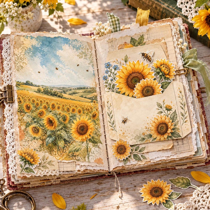 May include: An open scrapbook featuring a watercolor illustration of a sunflower field under a blue sky on the left page and a decorative envelope with sunflower and bee cutouts on the right page, accented with lace trim and fabric ribbons.