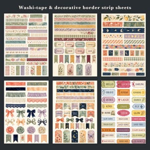 May include: Six sheets of decorative washi tape and border strips featuring floral, celestial, and vintage patterns. The collection includes various labels, tags, and bows with text like Joy, Notes, Today, Hello, Brave, and Lucky in muted colors.