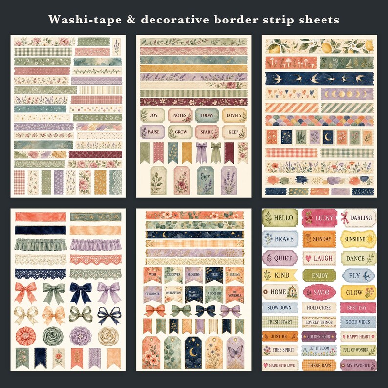 May include: Six sheets of decorative washi tape and border strips featuring floral, celestial, and vintage patterns. The collection includes various labels, tags, and bows with text like Joy, Notes, Today, Hello, Brave, and Lucky in muted colors.