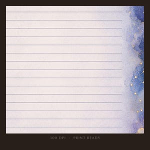 May include: A square sheet of stationery featuring horizontal lines on a light lavender background. The right side displays a watercolor-style design in shades of deep blue and purple with gold-colored star constellations. Text reads 300 DPI PRINT READY.