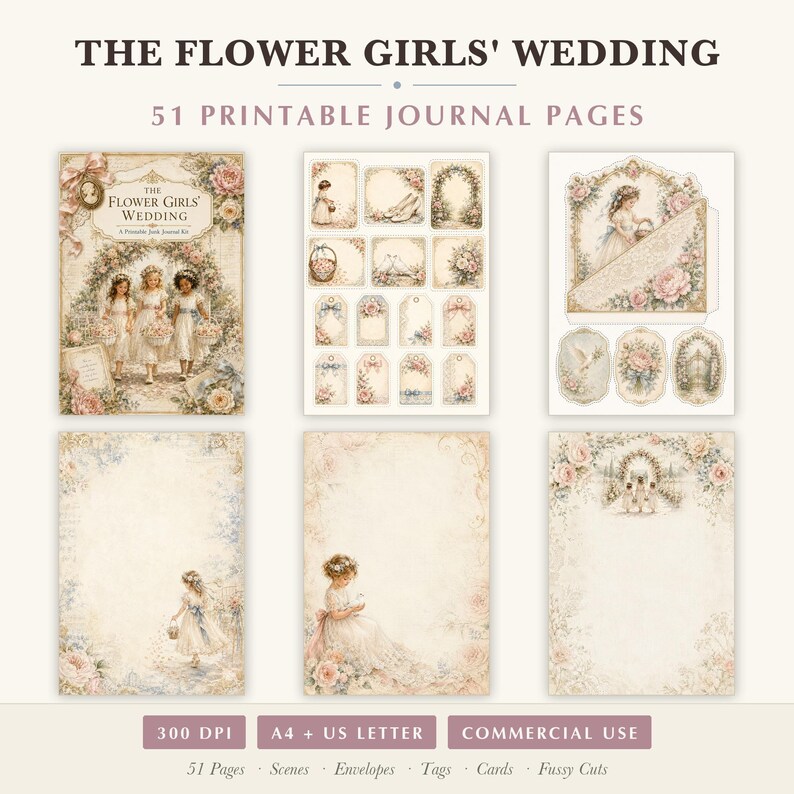 May include: A collection of 51 printable journal pages titled THE FLOWER GIRLS' WEDDING. The set includes sheets with illustrations of children in white dresses, floral arrangements, tags, envelopes, and decorative borders in soft pastel tones.