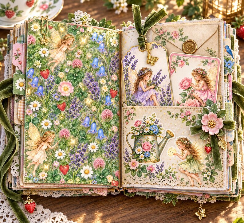 Kit de diario creativo de hadas de jardín, 50 páginas imprimibles con ilustraciones vintage de jardines de hadas, papeles Cottage Roses, descarga instantánea. imagen 10