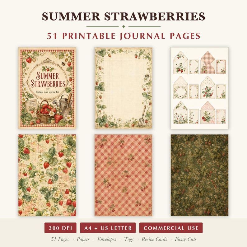 Sommarjordgubbar skräpjournal, 51 utskrivbara sidor vintage bondgårdsbärs-ephemera, gingham stugträdgård, direktnedladdning bild 2
