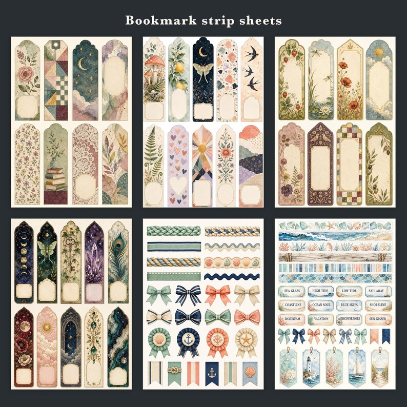 May include: A collection of bookmark strip sheets featuring diverse watercolor illustrations including floral patterns, celestial motifs, nautical themes, ribbons, and coastal scenes with text labels like Sea Glass and High Tide printed on the paper.
