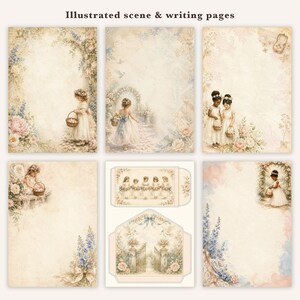 May include: A collection of stationery pages and an envelope template featuring illustrated scenes of children in white dresses holding baskets, surrounded by soft floral motifs, pastel watercolor accents, and garden elements with the text Illustrated scene & writing pages.