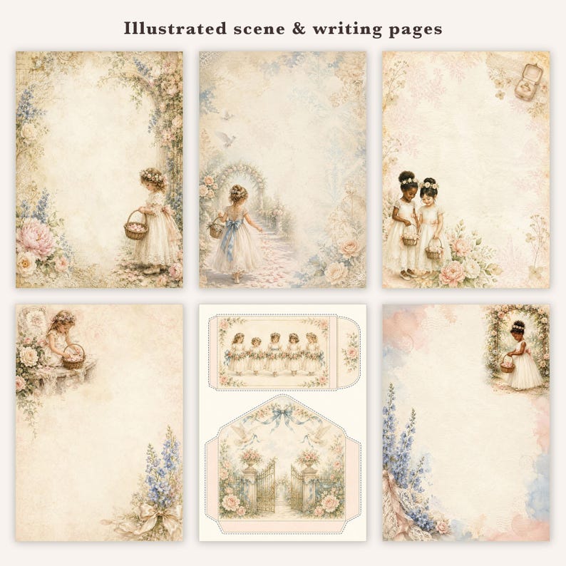 May include: A collection of stationery pages and an envelope template featuring illustrated scenes of children in white dresses holding baskets, surrounded by soft floral motifs, pastel watercolor accents, and garden elements with the text Illustrated scene & writing pages.