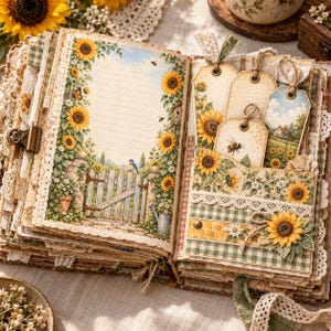 May include: An open scrapbook featuring pages decorated with sunflower borders, a blue bird, and a wooden gate illustration. The right side includes pockets holding paper tags with bee and landscape motifs, accented with lace and green gingham trim.