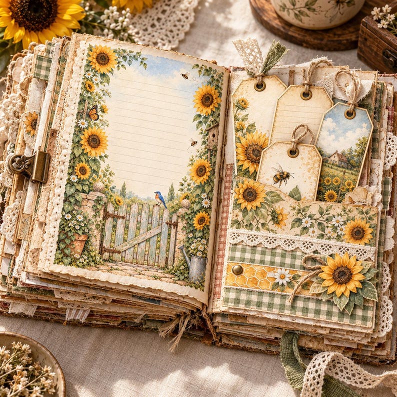 May include: An open scrapbook featuring pages decorated with sunflower borders, a blue bird, and a wooden gate illustration. The right side includes pockets holding paper tags with bee and landscape motifs, accented with lace and green gingham trim.