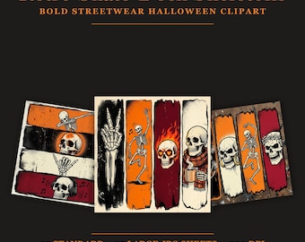 Retro Skeleton Clipart Bundle | 25 Skate-Deck Style Sheets | Bold Halloween Streetwear Graphics | Punk Skull PNG JPG | Commercial Use