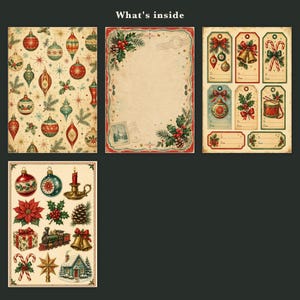 May include: A collection of vintage-style Christmas stationery featuring four distinct sheets. Designs include patterns of ornaments, a blank letterhead with holly borders, gift tags with holiday motifs, and stickers of poinsettias, bells, and a train.