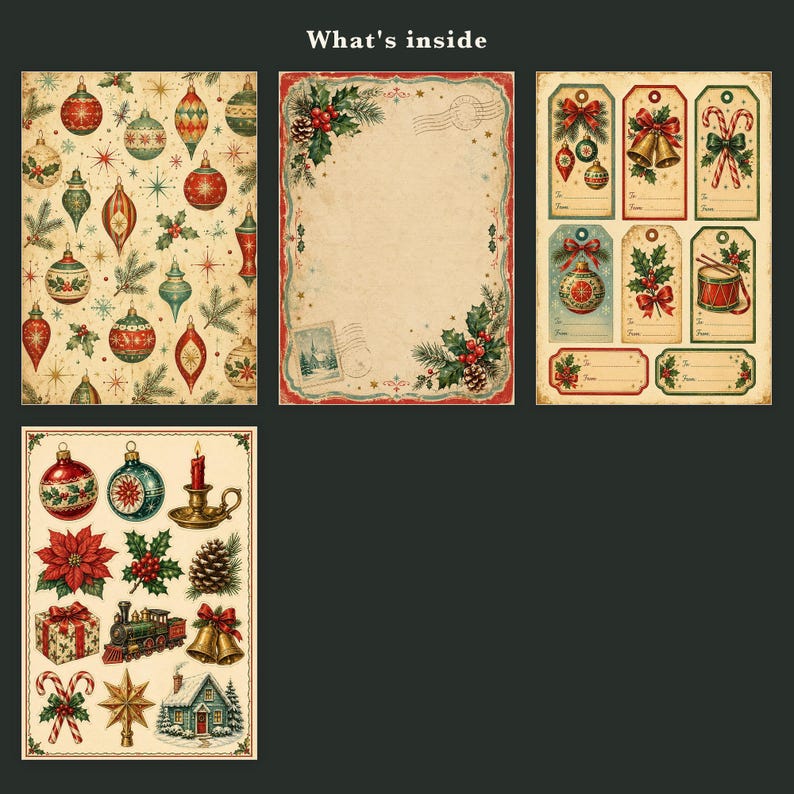 May include: A collection of vintage-style Christmas stationery featuring four distinct sheets. Designs include patterns of ornaments, a blank letterhead with holly borders, gift tags with holiday motifs, and stickers of poinsettias, bells, and a train.