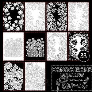 Puede incluir: Una colecci&oacute;n de p&aacute;ginas para colorear florales en blanco y negro. Los dise&ntilde;os incluyen varias flores y arreglos bot&aacute;nicos, con el texto "Monochrome Coloring Floral" y "30 Pages".
