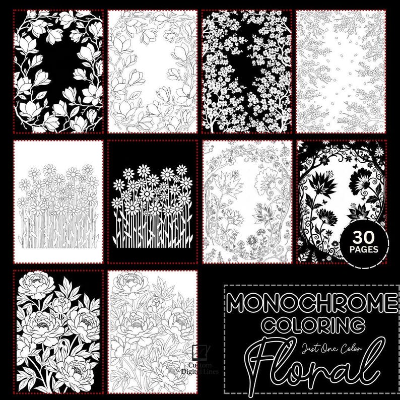 Puede incluir: Una colecci&oacute;n de p&aacute;ginas para colorear florales en blanco y negro. Los dise&ntilde;os incluyen varias flores y arreglos bot&aacute;nicos, con el texto "Monochrome Coloring Floral" y "30 Pages".