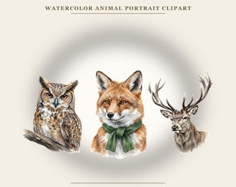 Paquete de imágenes prediseñadas de animales del bosque / 25 imágenes PNG en acuarela / Imágenes prediseñadas de zorro, búho, ciervo, conejo y cervatillo / Decoración para guardería y hogar / Uso comercial