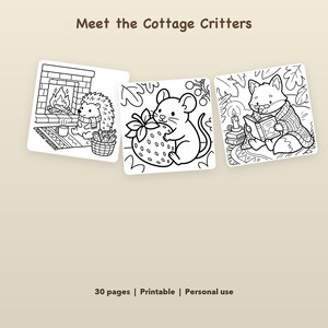 May include: Three black and white coloring pages titled Meet the Cottage Critters. The pages feature a hedgehog by a fireplace, a mouse holding a strawberry, and a fox reading a book. The text 30 pages | Printable | Personal use is included.