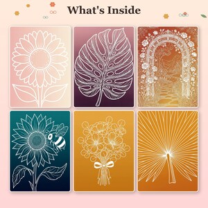 May include: A set of six rectangular cards with the text What's Inside at the top. The cards feature white line art illustrations of a sunflower, a monstera leaf, a rose garden archway, a sunflower with a bee, a flower bouquet, and a palm leaf.