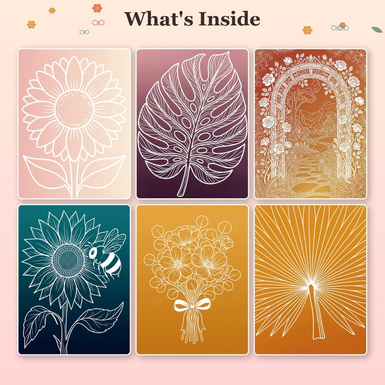 May include: A set of six rectangular cards with the text What's Inside at the top. The cards feature white line art illustrations of a sunflower, a monstera leaf, a rose garden archway, a sunflower with a bee, a flower bouquet, and a palm leaf.