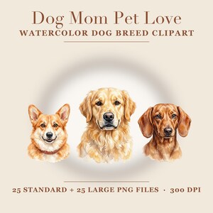 May include: Digital graphic featuring watercolor illustrations of a Corgi, a Golden Retriever, and a Dachshund. Text reads: Dog Mom Pet Love, WATERCOLOR DOG BREED CLIPART, 25 STANDARD + 25 LARGE PNG FILES, 300 DPI. The dogs are arranged in a horizontal row.