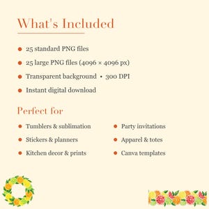 K&ouml;nnte beinhalten: Eine digitale Produktinformationsgrafik mit cremefarbenem Hintergrund und dem Text What's Included und Perfect for. Sie listet 25 Standard- und gro&szlig;e 4096 x 4096 px PNG-Dateien mit transparentem Hintergrund bei 300 DPI sowie Zitrusfruchtgrafiken.