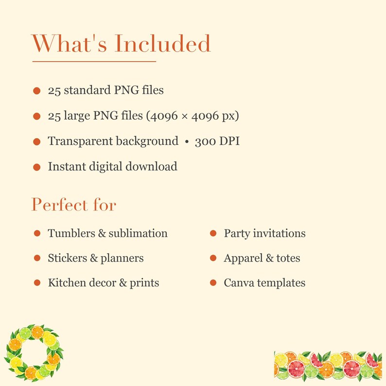 K&ouml;nnte beinhalten: Eine digitale Produktinformationsgrafik mit cremefarbenem Hintergrund und dem Text What's Included und Perfect for. Sie listet 25 Standard- und gro&szlig;e 4096 x 4096 px PNG-Dateien mit transparentem Hintergrund bei 300 DPI sowie Zitrusfruchtgrafiken.